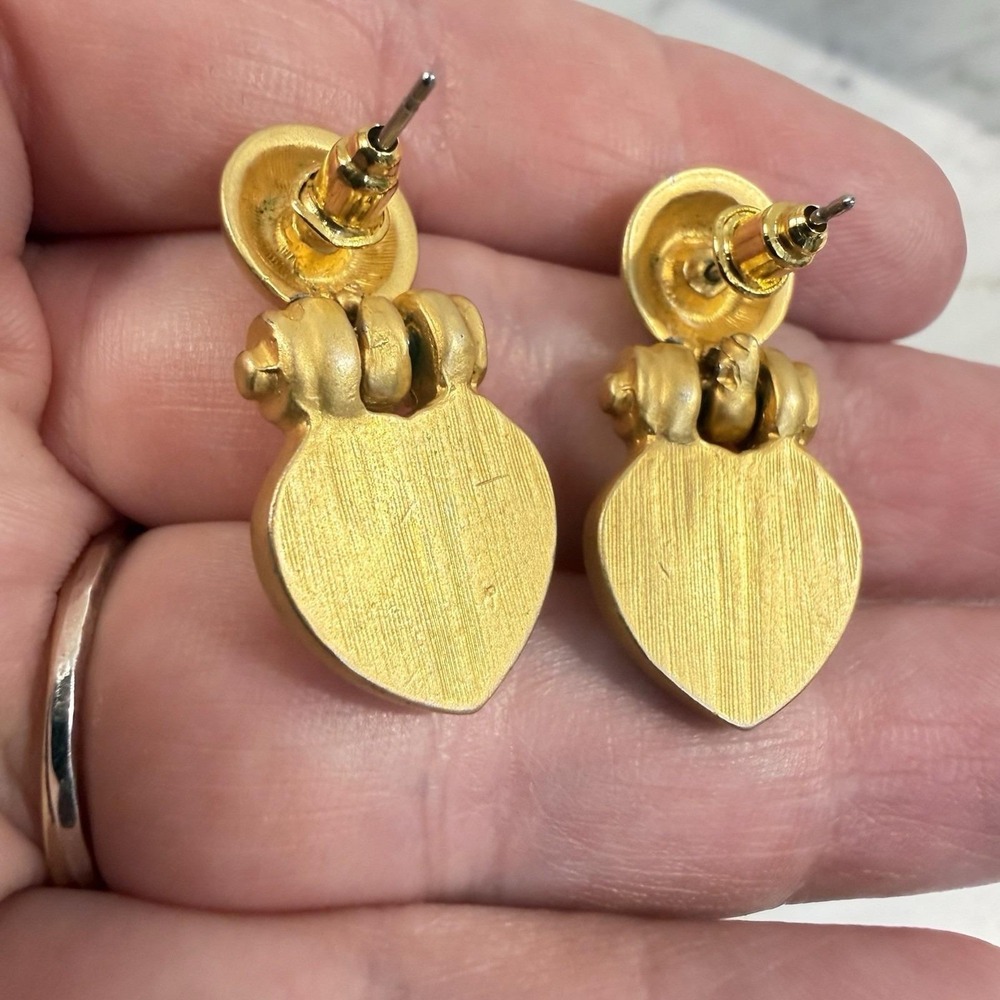 Vintage Gold Plated Heart Post Earrings Pink Iridescent Glass Cabochon 90s - Picture 2 of 6